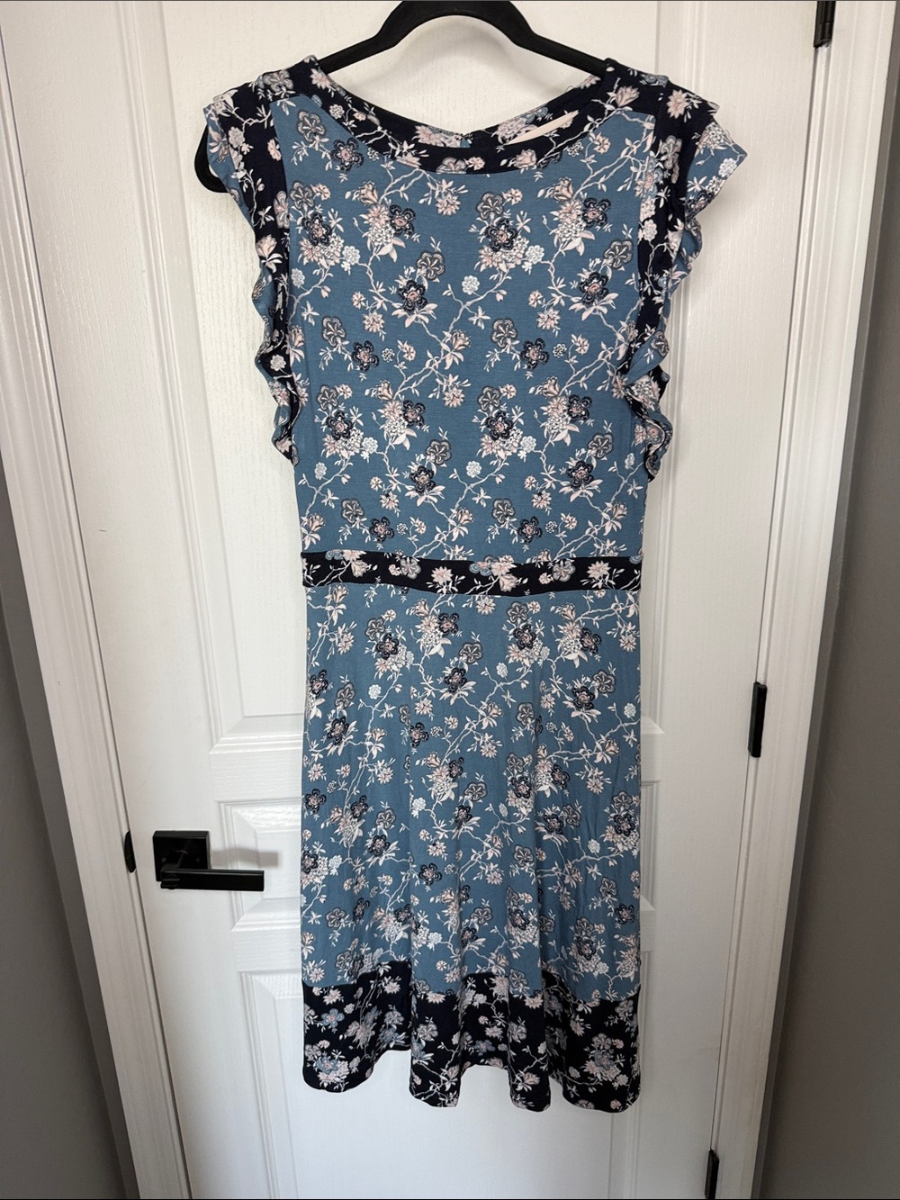 Blue Floral Midi Dress with Ruffle Cap Sleeves
